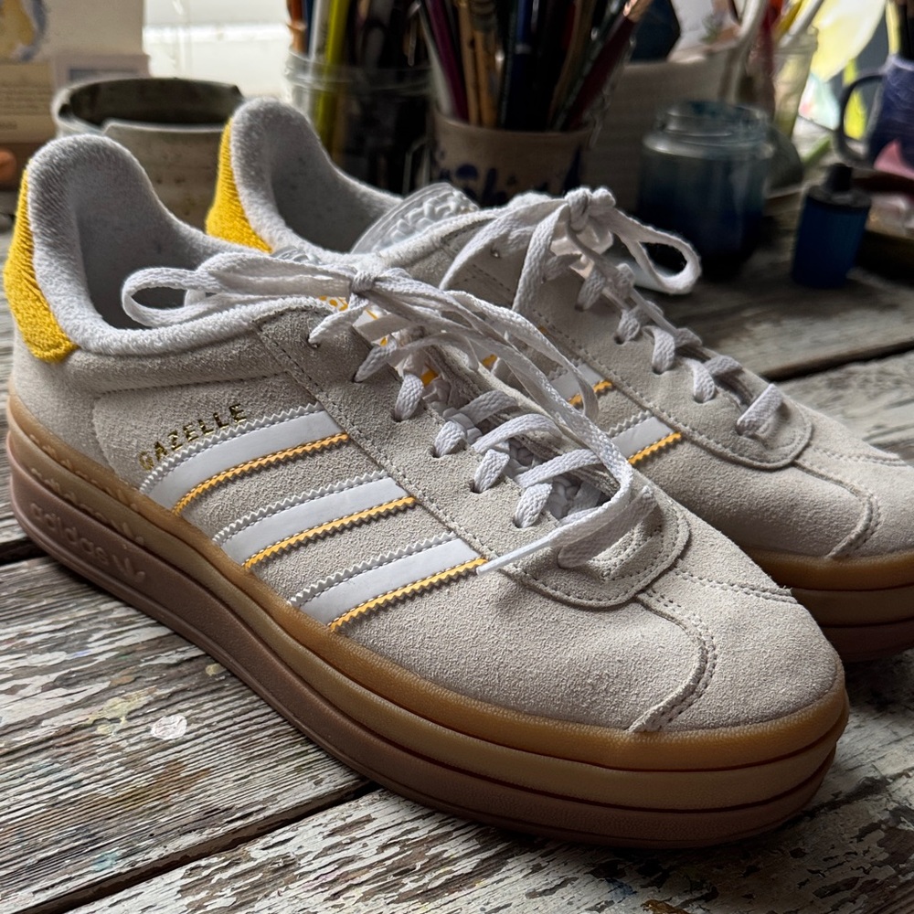 Adidas Gazelle White and Yellow Suede Sneakers